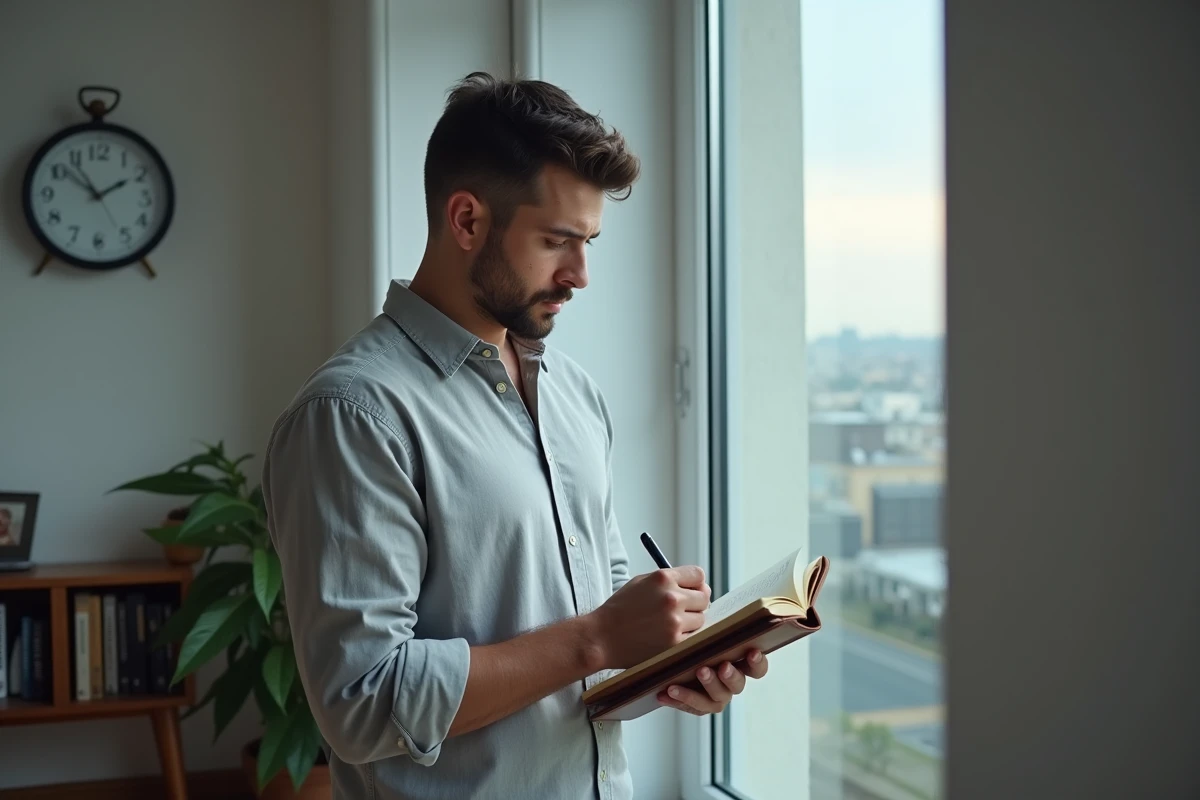 Homme écrivant dans un journal au lever du jour avec une horloge indiquant 05h55 en arrière-plan, réflexion émotionnelle et spirituelle