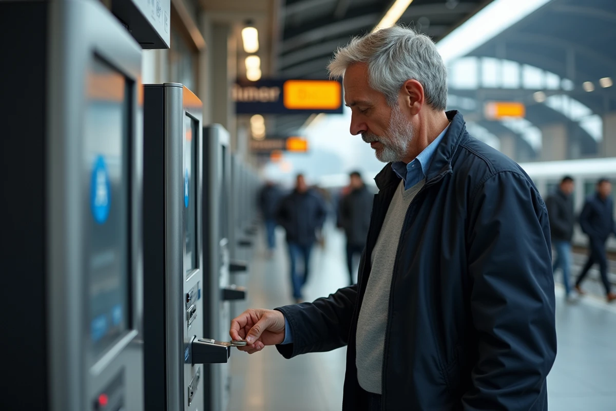 Homme insérant des pièces dans un kiosque photomaton en gare pour obtenir des photos d'identité