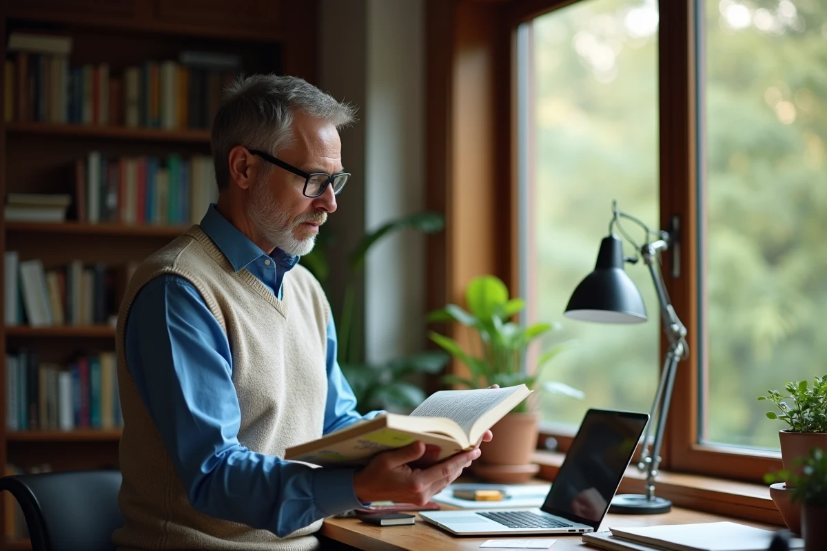 Homme lisant un livre dans un bureau à la maison