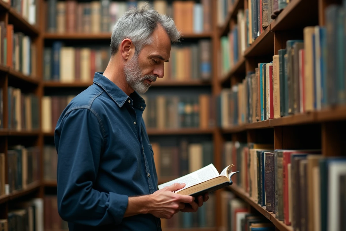 Homme feuilletant un roman broché dans une librairie d'occasion entourée d'étagères remplies de livres