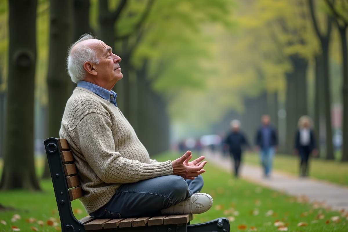 Homme âgé méditant dans un parc verdoyant