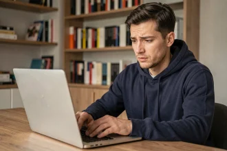 Un homme consultant un site de téléchargement sur son ordinateur portable dans un bureau à domicile
