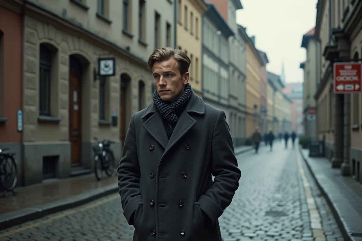 Jeune homme norvegien dans la rue d'Oslo occupée