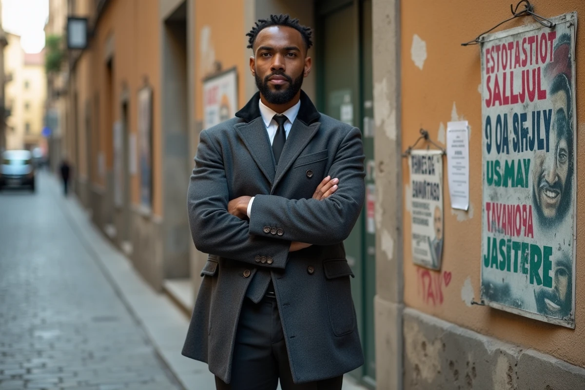 Homme aux origines multiculturelles devant un mur de affiches politiques urbaines, symbolisant l'impact des racines sur l'engagement citoyen