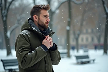 Homme en parka imperm&eacute;able en ville enneigee