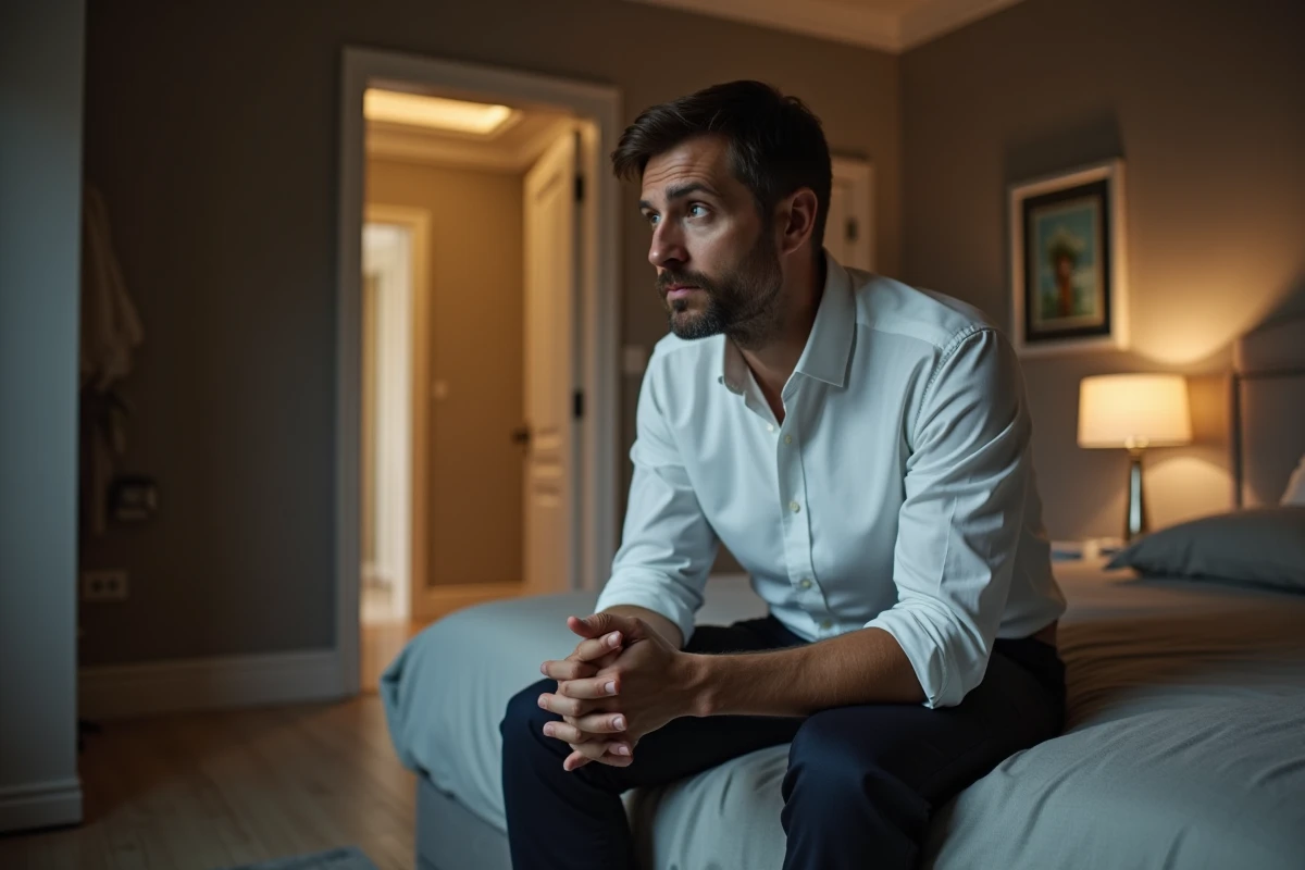 Homme pensif assis sur le bord d'un lit dans un appartement moderne, tête baissée, évoquant une introspection émotionnelle après une révélation amoureuse