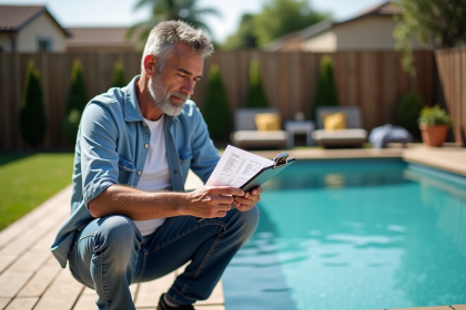 Homme d'âge moyen examine un devis près de la piscine