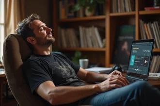Homme écoutant une radio rock web sur son ordinateur portable dans un bureau à domicile chaleureux