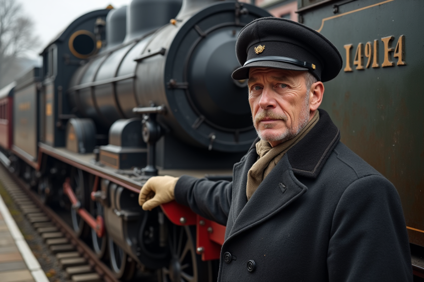 Homme en uniforme de cheminot du XIXe siècle près d'une locomotive