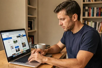 Homme cherchant le bon lien d'un site web sur son ordinateur portable avec plusieurs onglets ouverts