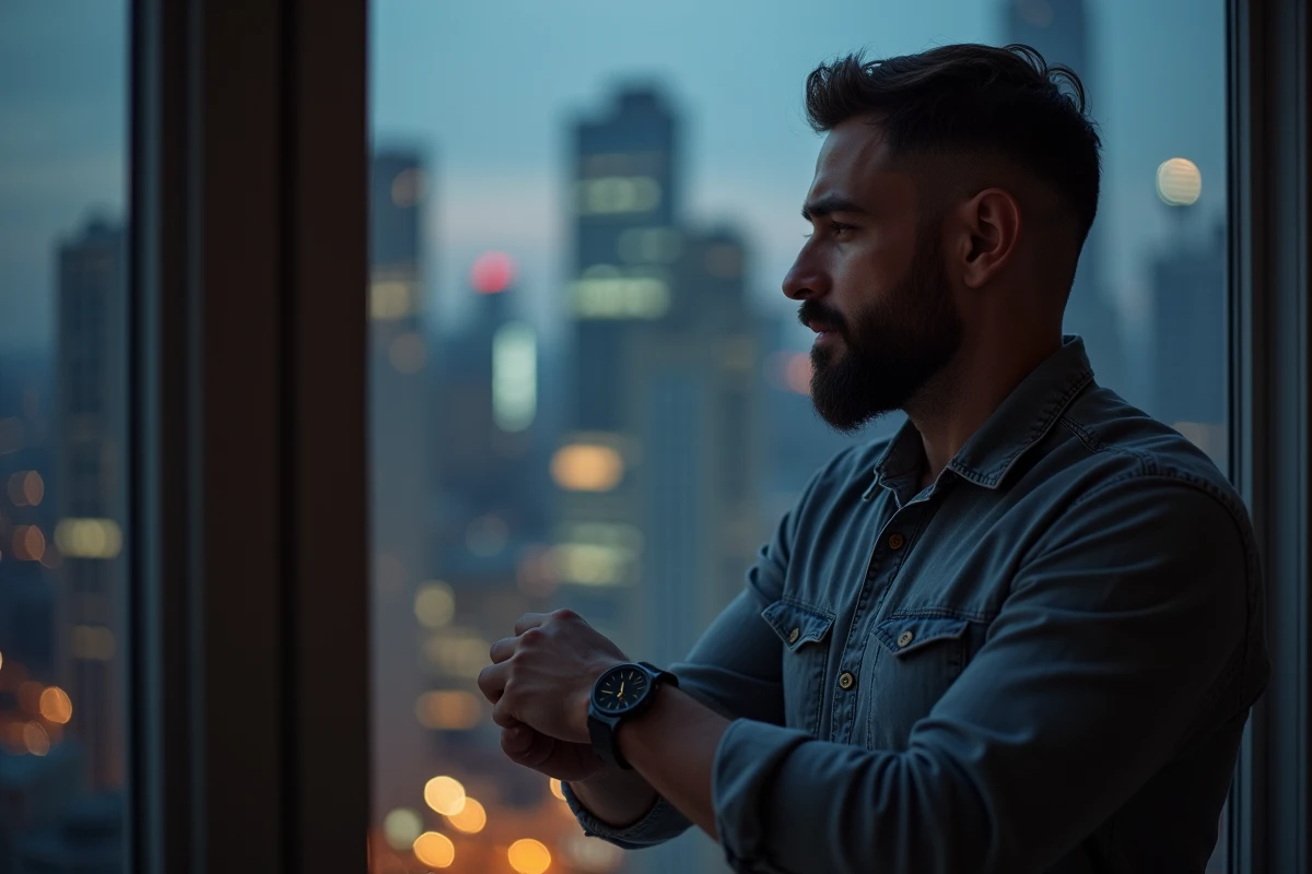 Homme regardant sa montre dans un intérieur urbain