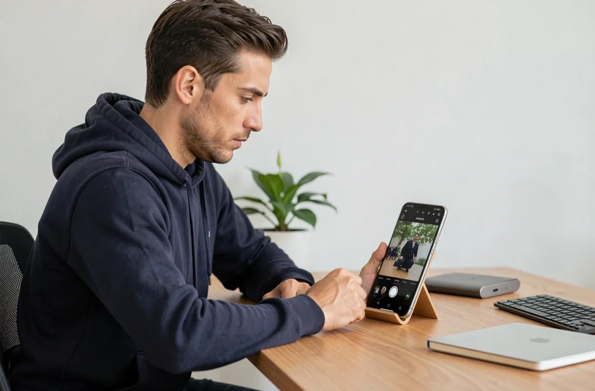 Homme en train d'analyser des vidéos sur un Samsung Galaxy posé sur un bureau en bois dans un studio minimaliste