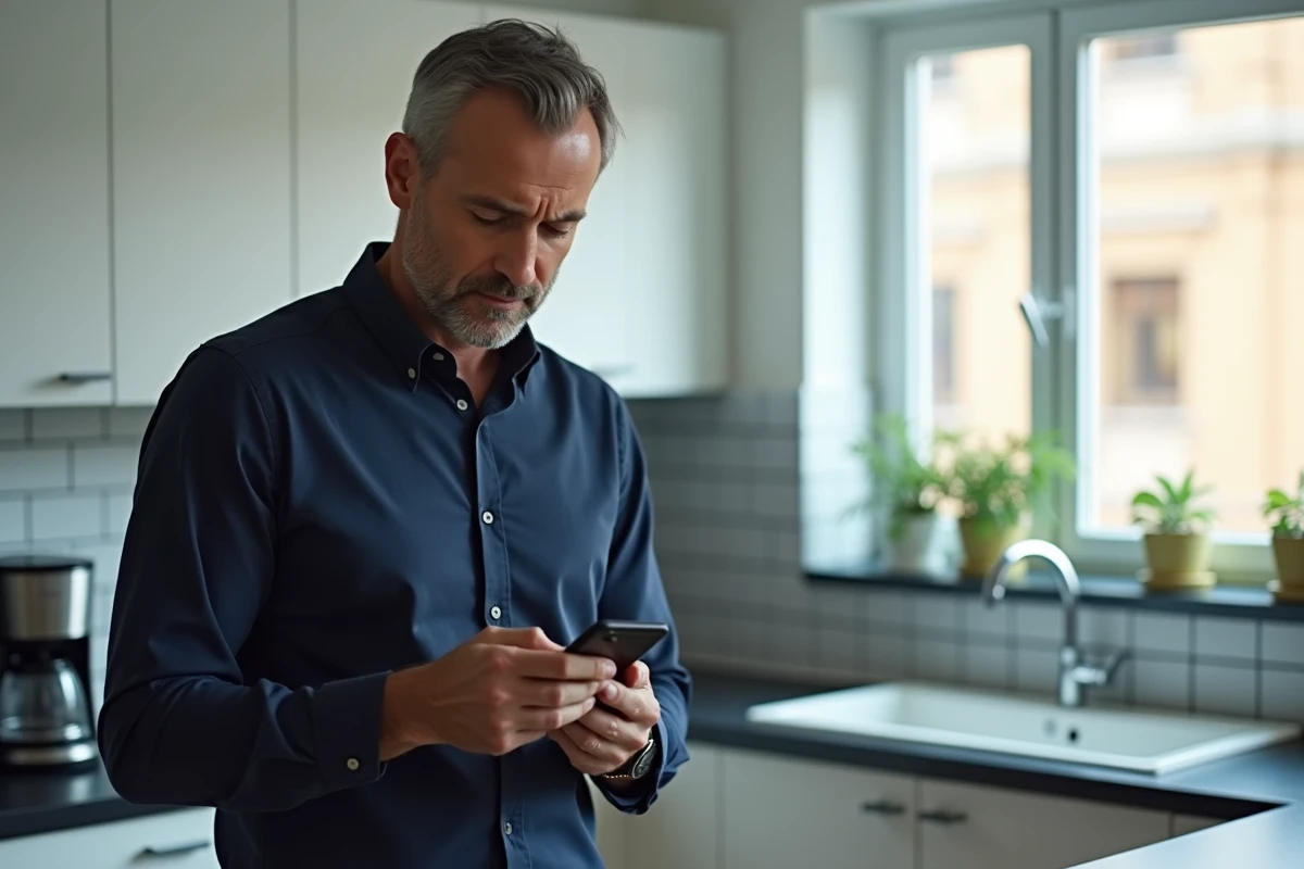 Homme utilisant son smartphone pour contacter le support client d'un site d'annonces en ligne depuis sa cuisine