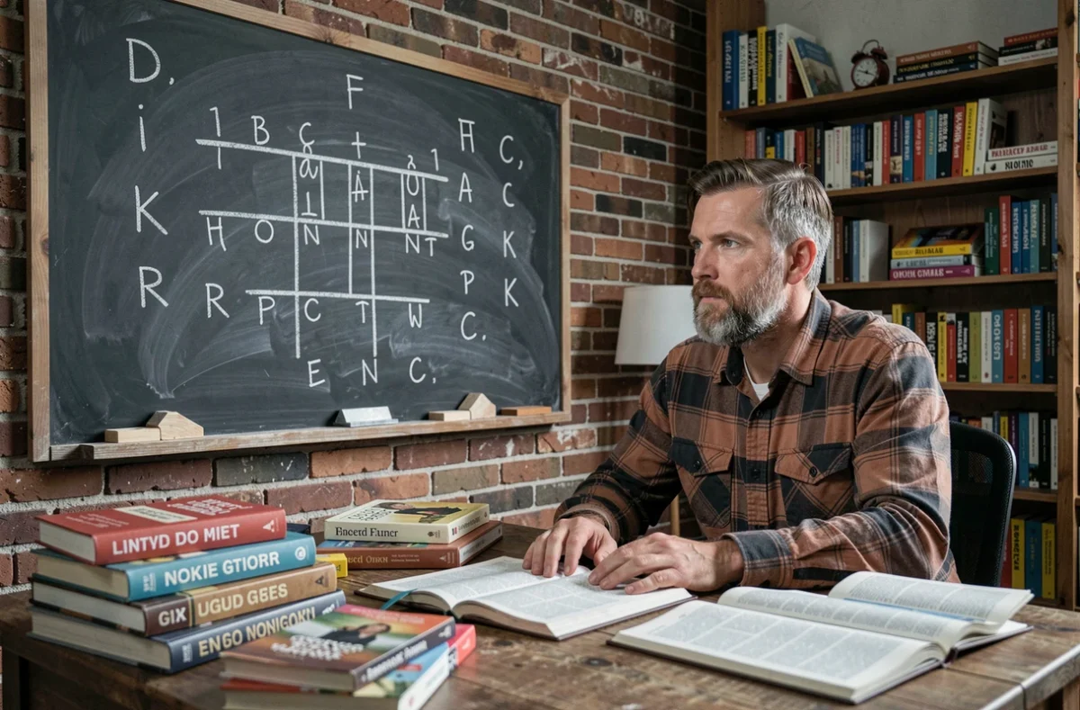 Homme adulte devant un tableau noir avec un dessin de pendu et des lettres difficiles en craie