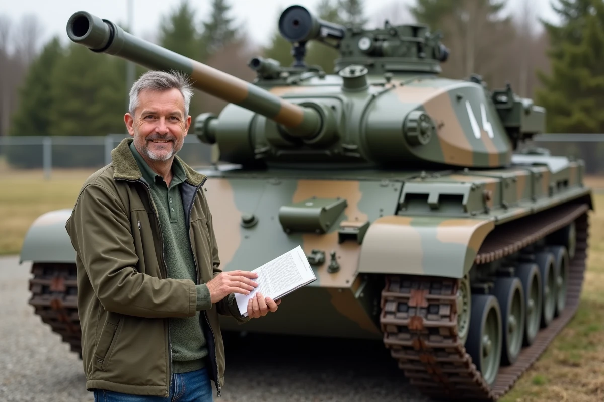 Homme pointant le canon d’un char Leopard 2A au musée militaire