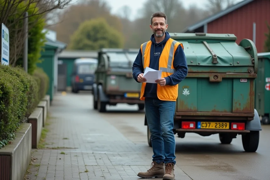 Homme confiant avec gilet haute visibilit&eacute; devant son trailer