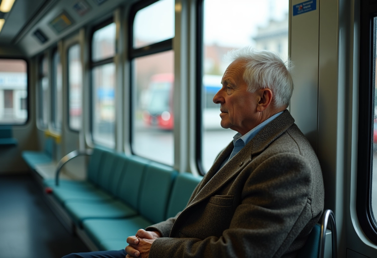 Homme âgé regardant par la fenêtre dans un tram