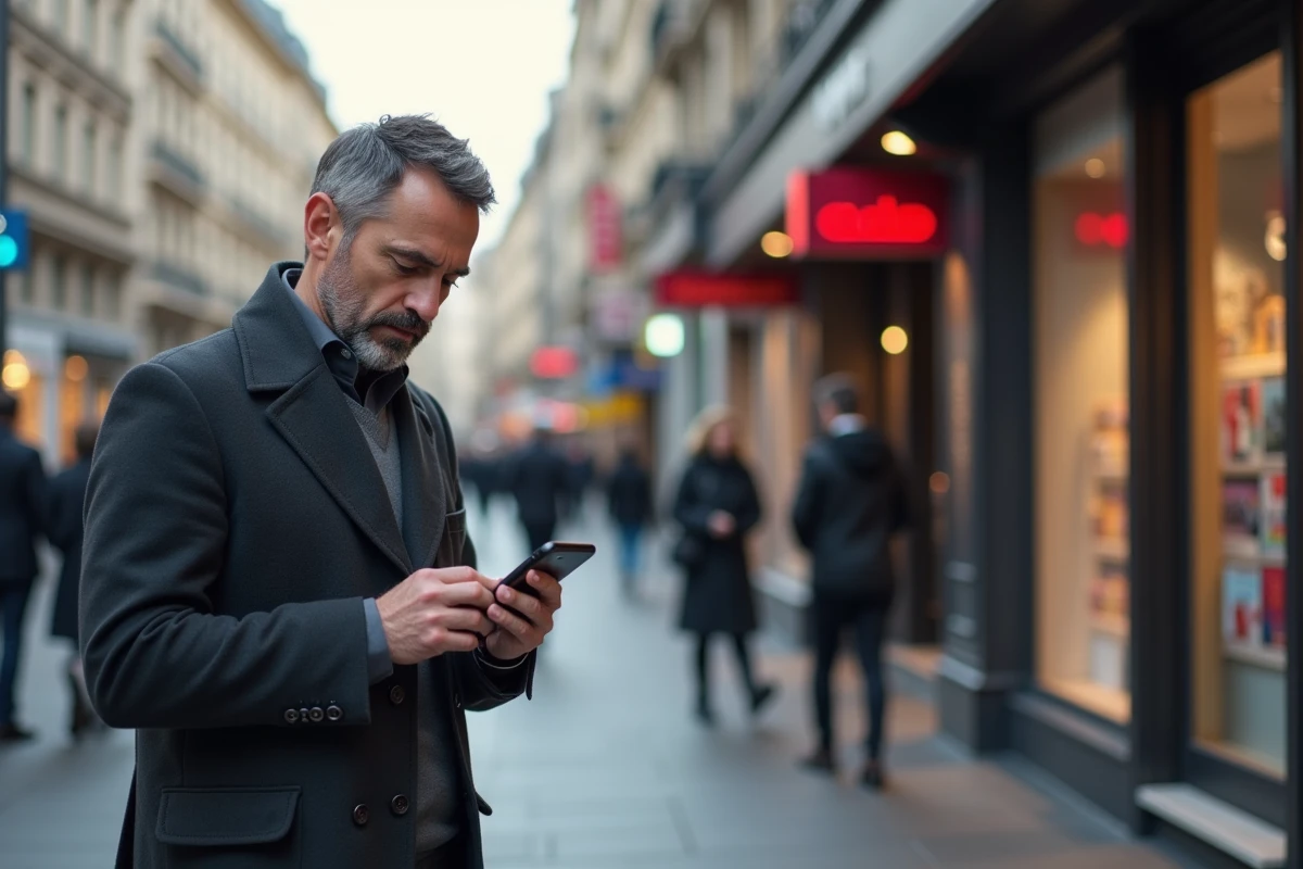 Homme d affaires vérifiant une carte sur son smartphone dans la rue