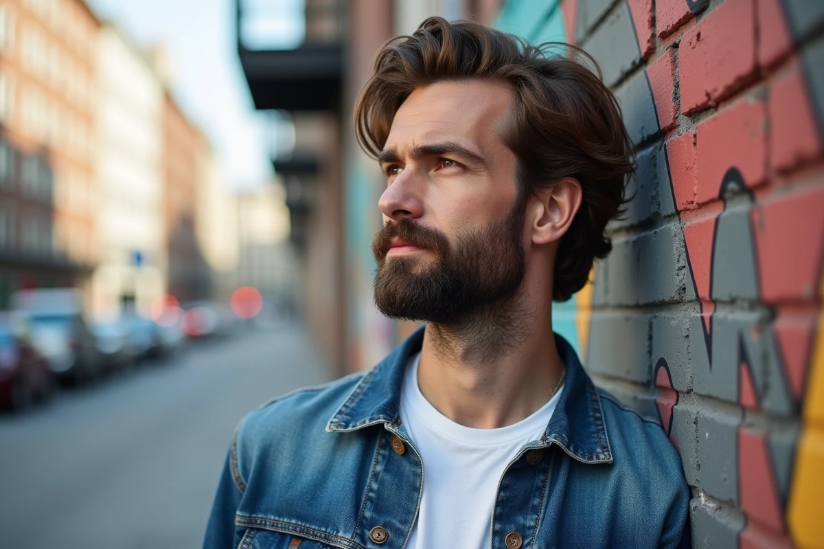 Homme barbu regardant au loin devant un mur urbain artistique