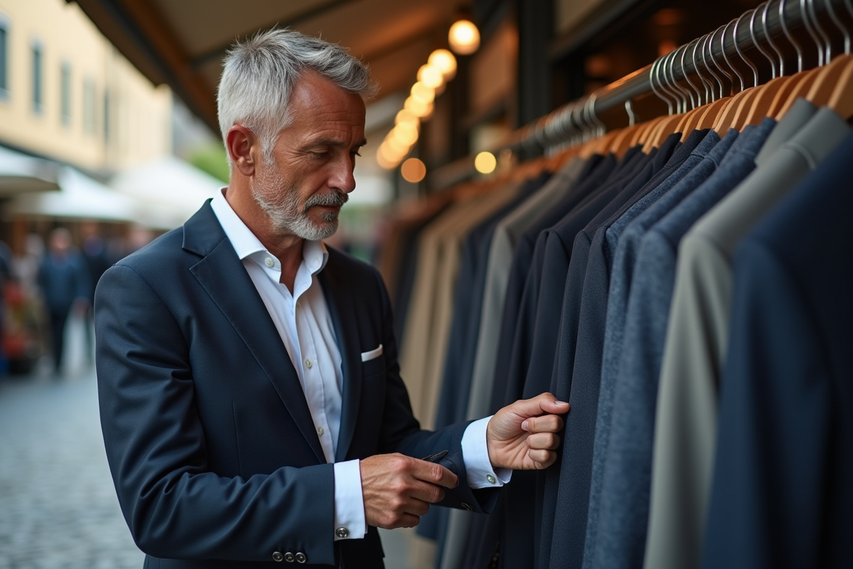 Homme examinant des poignets de chemise en marché extérieur
