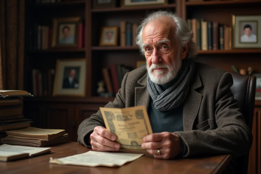 Homme &acirc;g&eacute; tenant un vieux billet dans un bureau calme