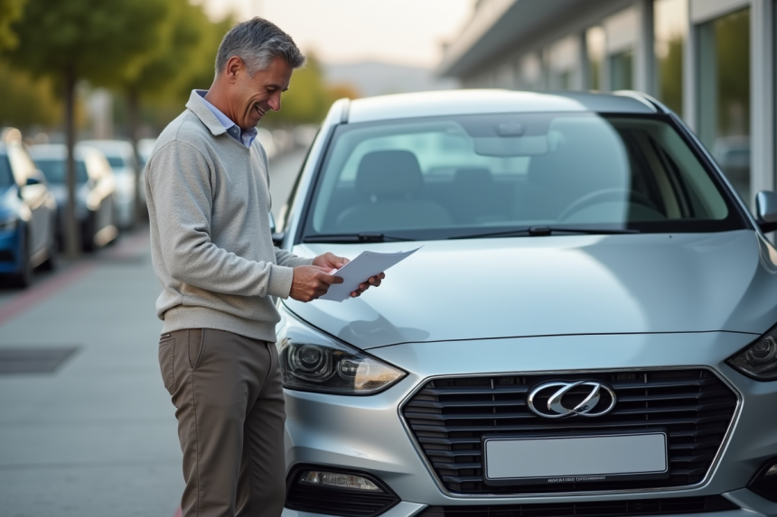 Homme d'âge moyen souriant près d'une voiture en concession