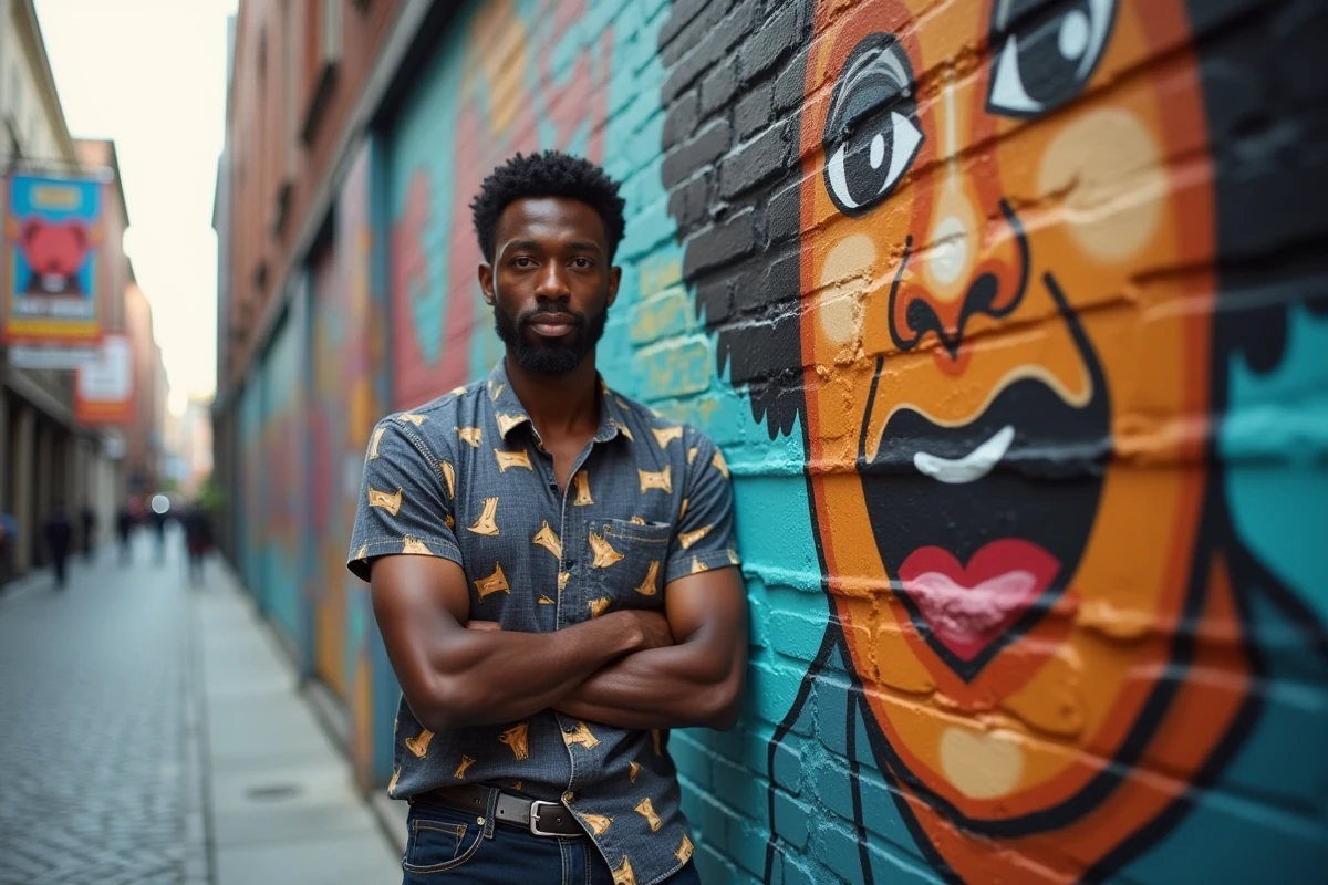 Portrait en extérieur d'un humoriste noir masculin devant une fresque murale de festival de comédie engagée en milieu urbain