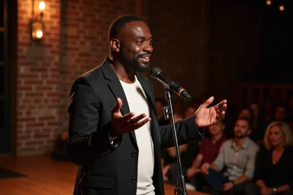 Humoriste noir masculin en train de faire un numéro de stand-up engagé dans un club de comédie intimiste