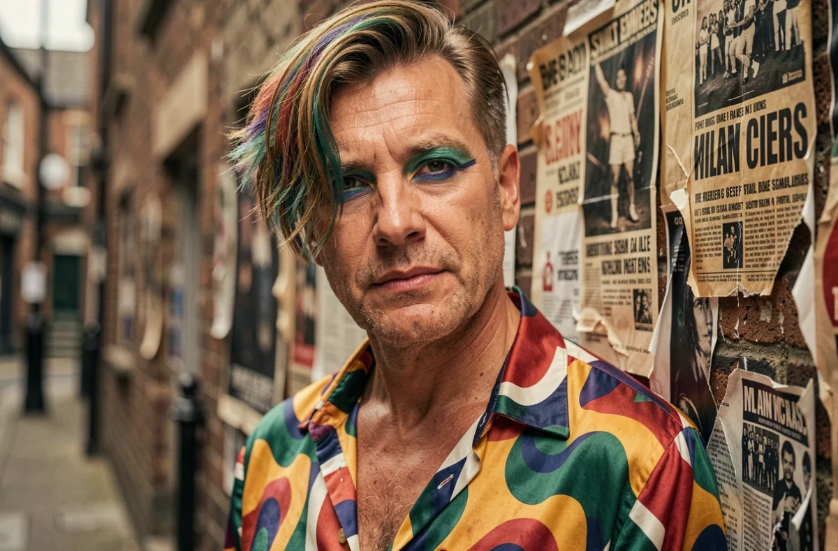 Portrait dramatique d'une icône du rock britannique des années 70 avec maquillage théâtral et chemise en soie dans une ruelle londonienne