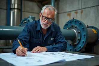 Ingénieur hydraulique analysant des schémas techniques pour dimensionner un système Chorus hydrodynamique dans une station de pompage industrielle