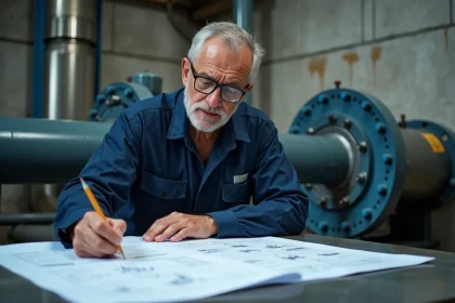 Ingénieur hydraulique analysant des schémas techniques pour dimensionner un système Chorus hydrodynamique dans une station de pompage industrielle