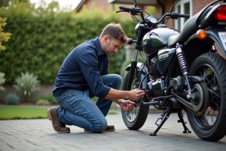 Homme vérifiant la chaîne d'une moto Dax 125 en extérieur