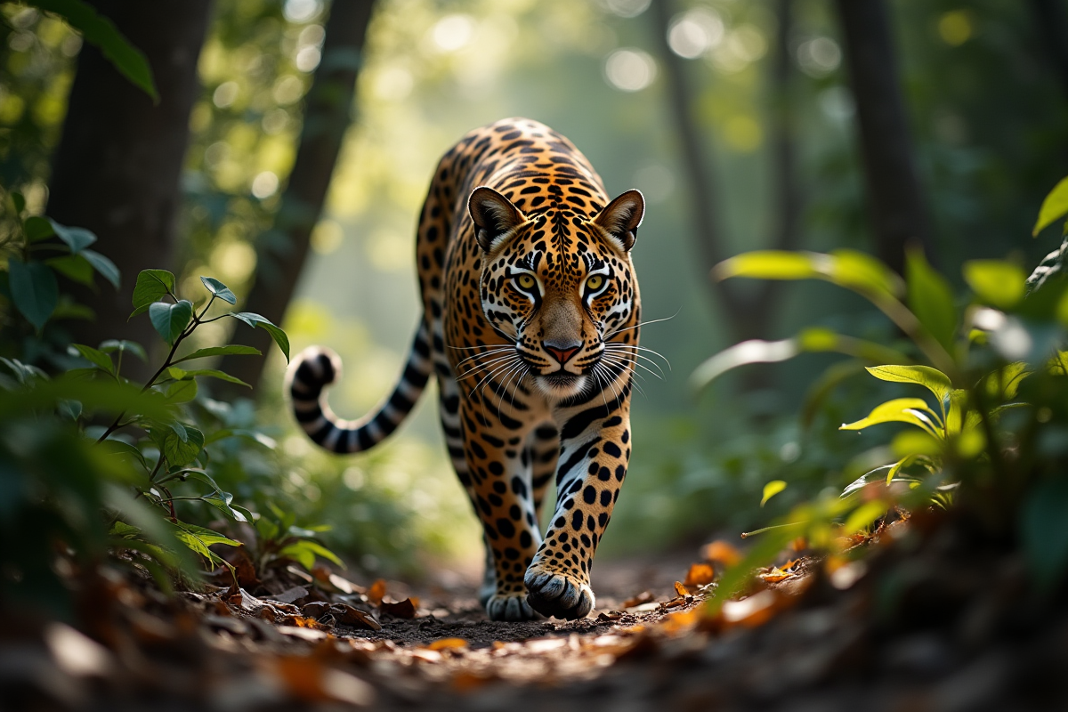 Jaguar marchant dans la forêt en lumière tamisée