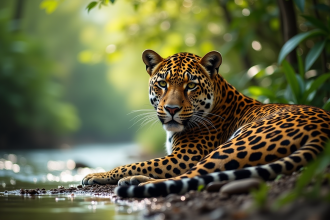 Jaguar reposant sur une berge en jungle lumineuse