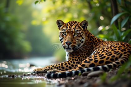 Jaguar reposant sur une berge en jungle lumineuse