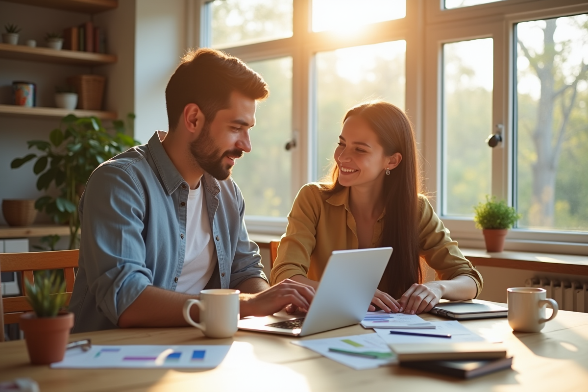 Jeune couple organisant leur budget mensuel avec graphiques
