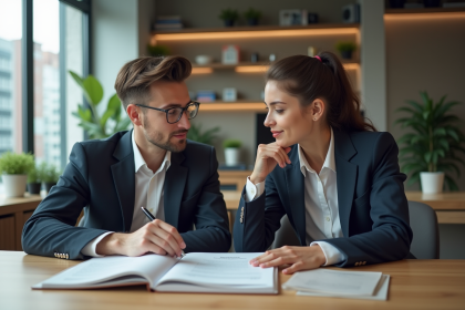Jeune couple en banque examinant des documents immobiliers