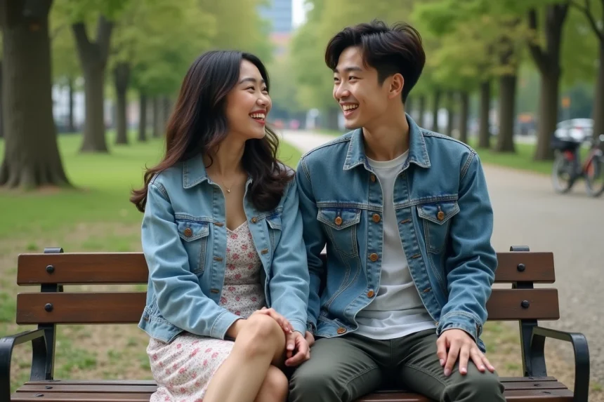 Jeune femme asiatique et homme caucasien rient sur un banc dans un parc