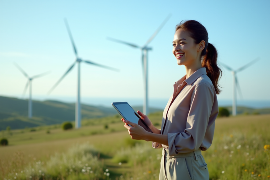 Jeune femme ingénieure observant des éoliennes dans un paysage vert