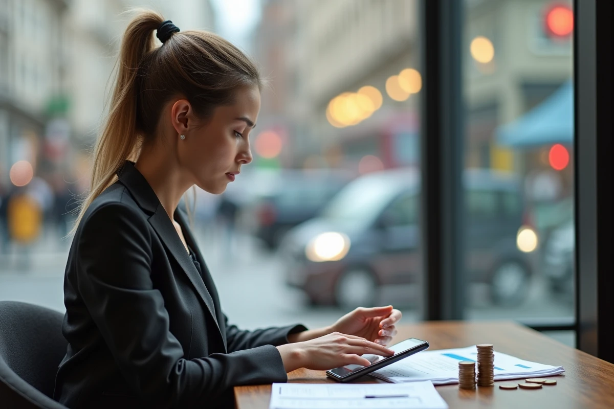 Jeune femme examinant des pièces de monnaie dans un café