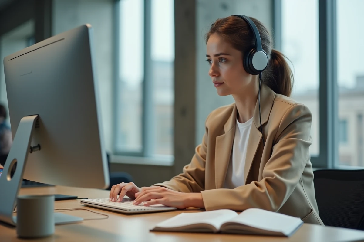 Jeune femme rédigeant un message au Centre d'aide d'un site d'annonces depuis un espace de coworking pour signaler un problème urgent