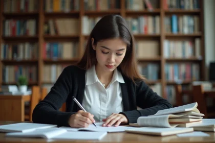 Jeune femme en &eacute;tude dans une biblioth&egrave;que moderne