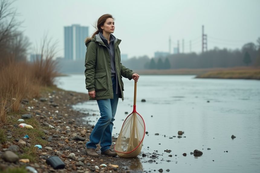 Jeune femme ramassant des plastiques dans une rivière polluée