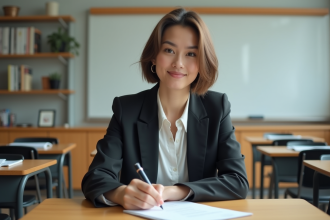 Jeune femme signe un diplôme dans une salle de classe moderne