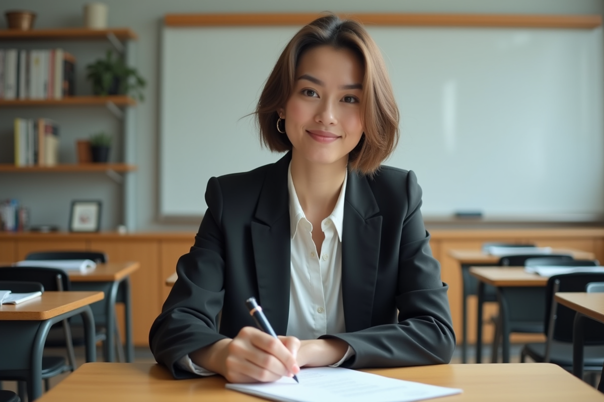 Jeune femme signe un diplôme dans une salle de classe moderne