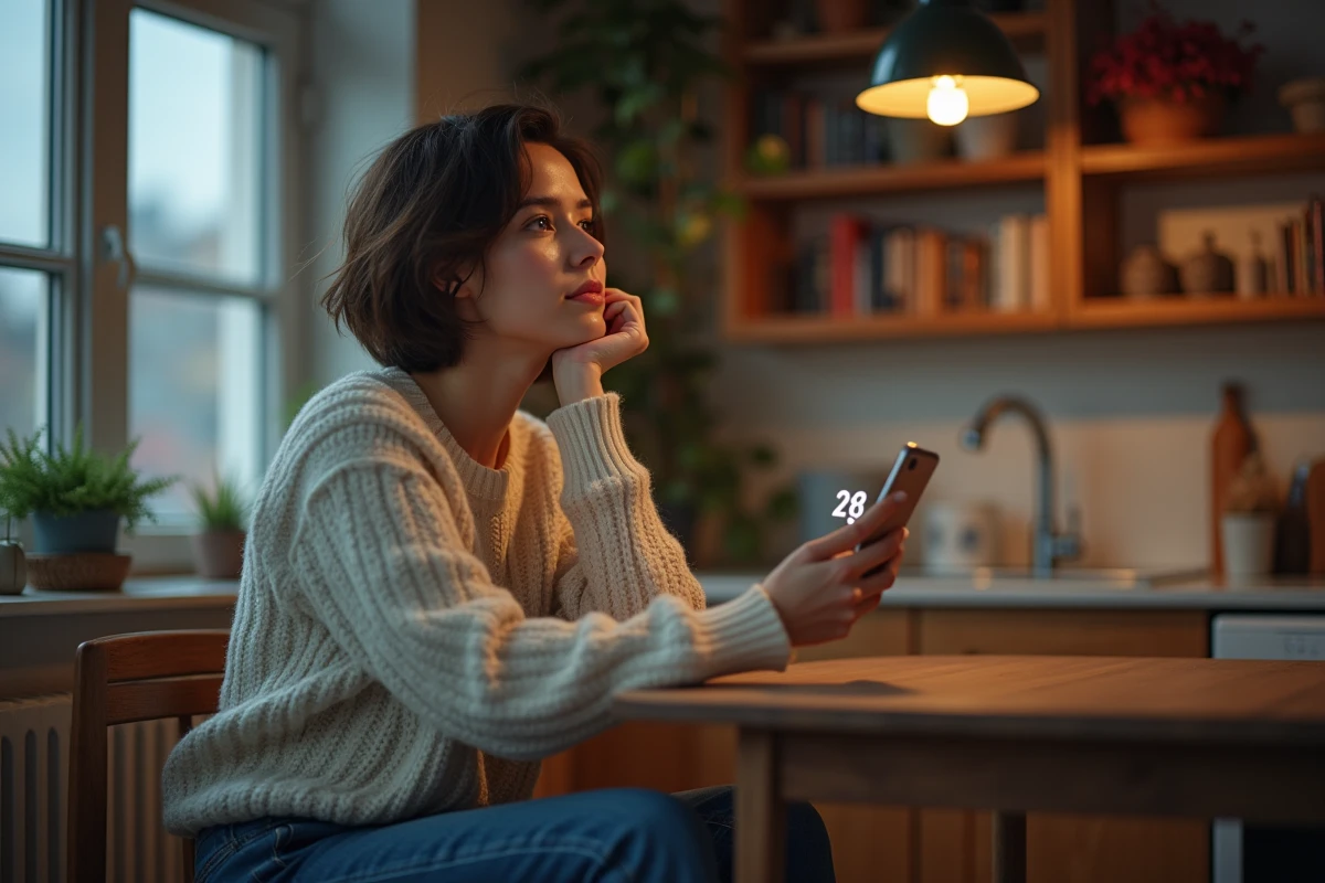 Jeune femme assise à une table de cuisine en soirée