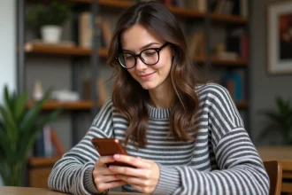 Jeune femme souriante avec sweater à rayures dans un intérieur cosy