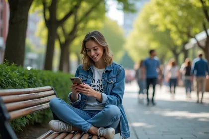 Jeune femme en ville souriante avec smartphone