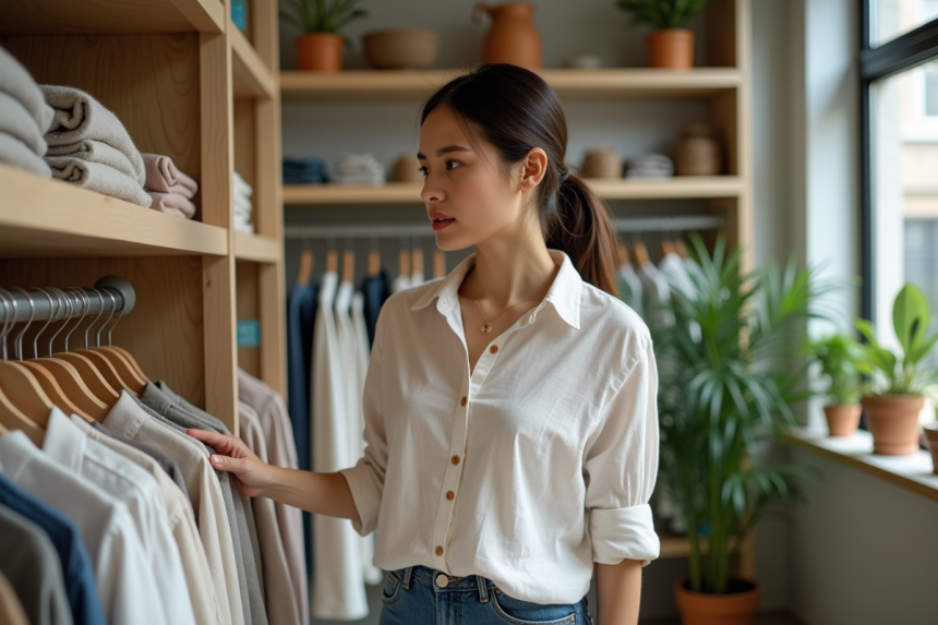 Jeune femme regardant des vêtements écoresponsables en boutique