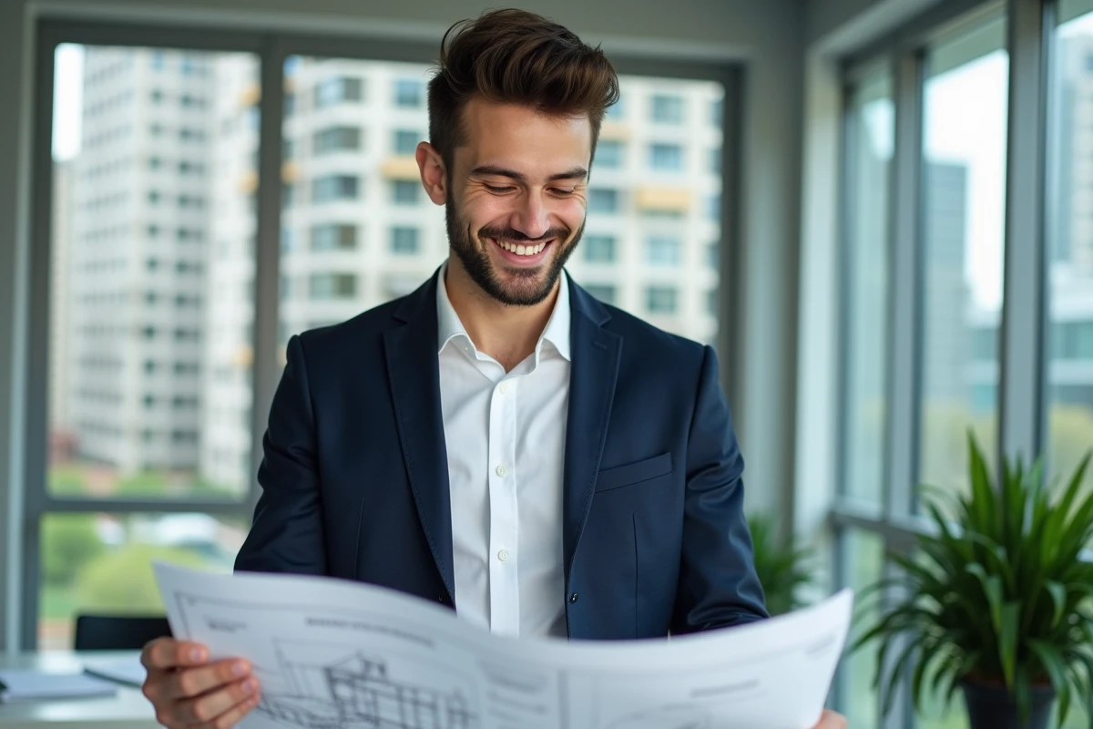 Jeune homme souriant en planche architecturale pour l'immobilier